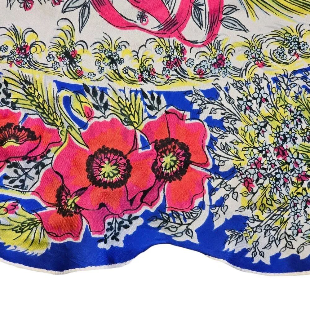 VTG Silk Round Floral Hankerchief Scalloped Edge Blue Pink Rare 40 In Rolled Hem